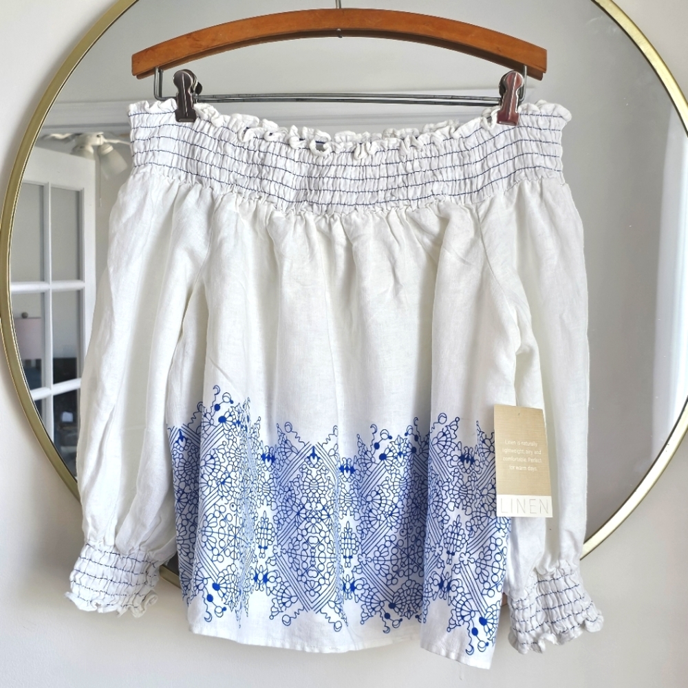 Calligraphie Anthropologie Linen Blend Off Shoulder Peasant Top White Blue S